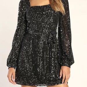 Lulus Festive Mood Black Sequin Long Sleeve Mini Dress - Size XL